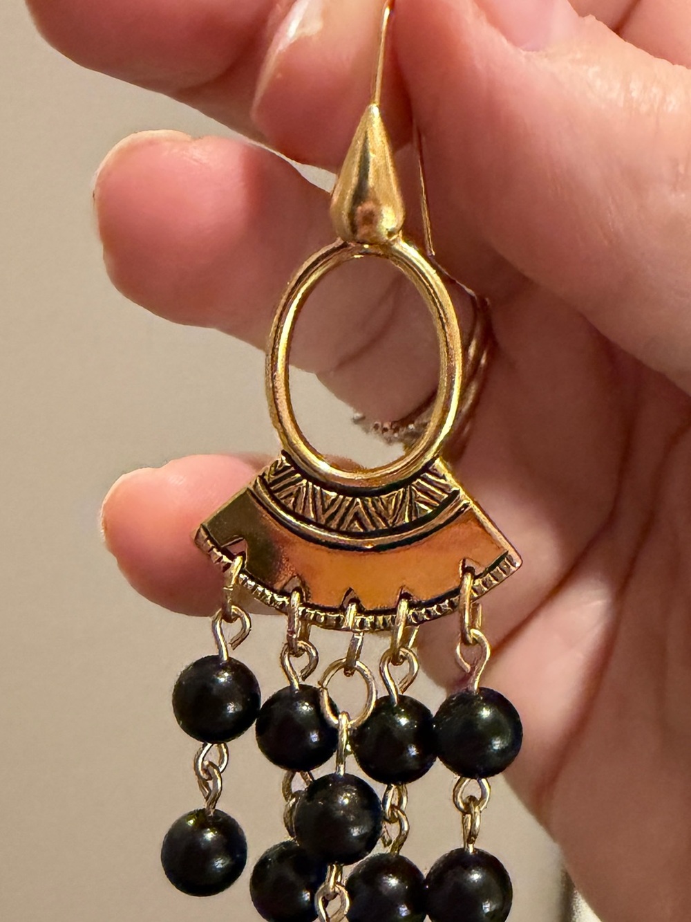 Hand Crafted Gold and Black Beaded Dangle Earrings - Picture 6 of 6